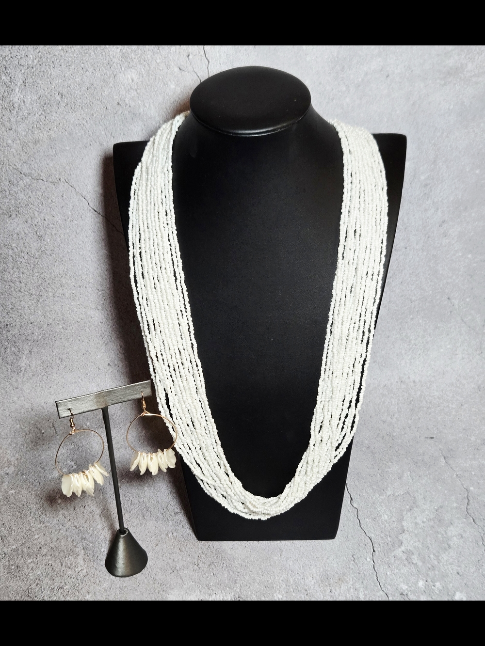 White Multi-Strand Seed Bead Necklace with Earrings